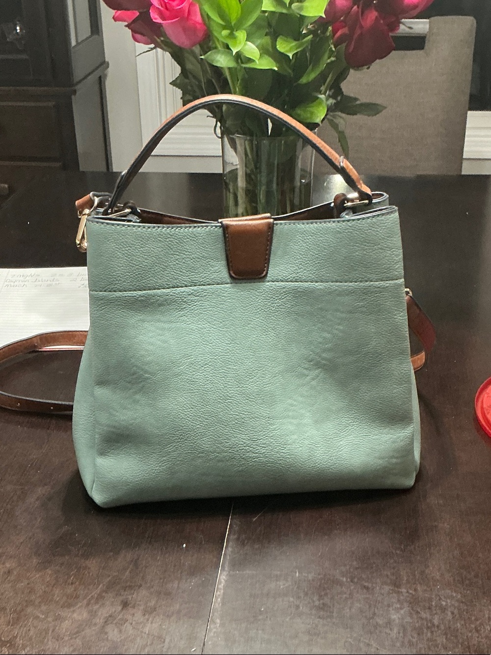 Jen & Co Shoulder Bag in Sage Green with Brown Trim